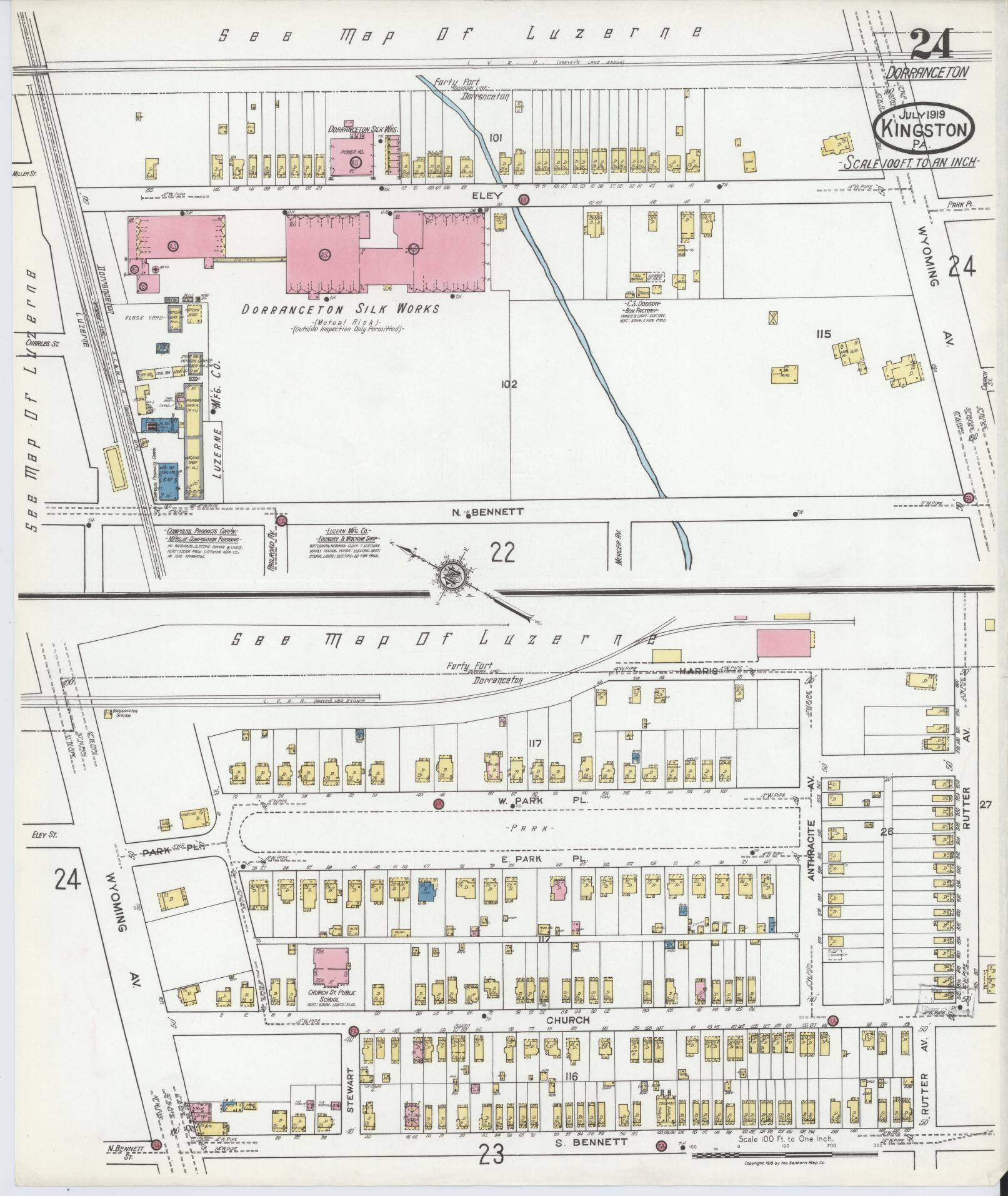 Sanborn Fire Insurance Map from Kingston, Luzerne County, Pennsylvania (1919), Sheet #0024 - Historic Sanborn Fire Insurance Map Print, vintage old map wall art, antique decor, genealogy gift, Pennsylvania Pennsylvania map