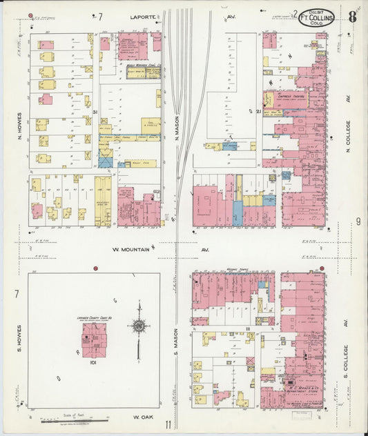 Sanborn Fire Insurance Map from Fort Collins, Larimer County, Colorado (1917), Sheet #0008 - Historic Sanborn Fire Insurance Map Print, vintage old map wall art, antique decor, genealogy gift, Colorado Colorado map