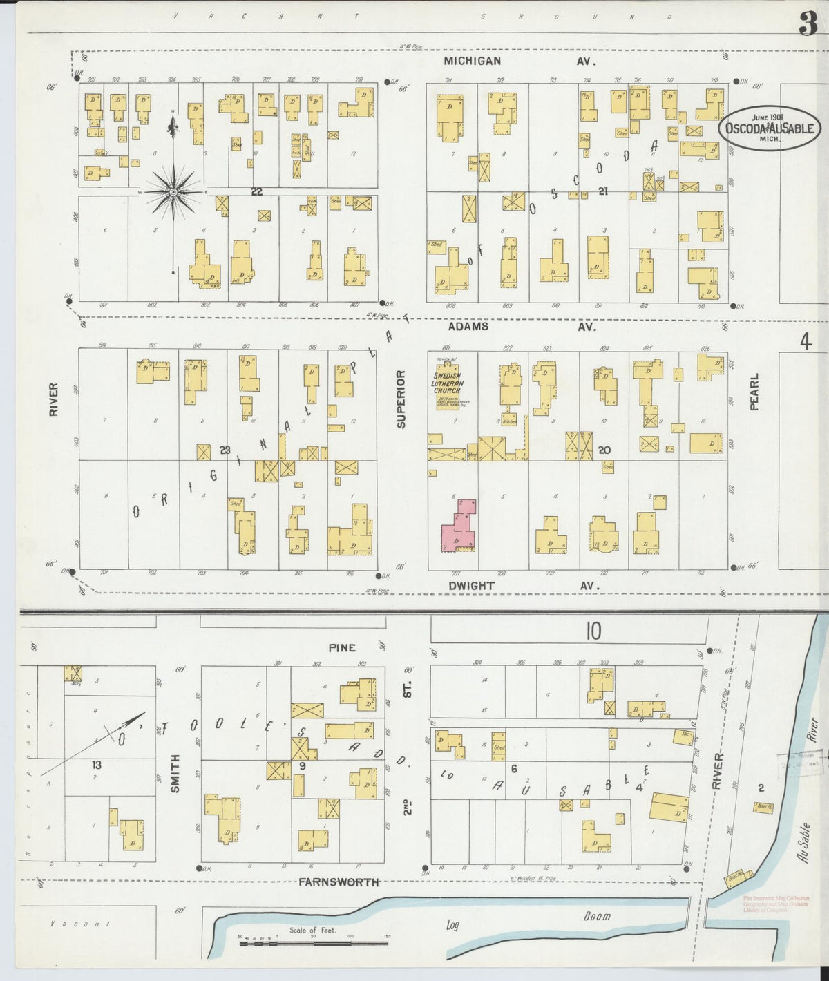 Sanborn Fire Insurance Map from Oscoda, Iosco County, Michigan (1901), Sheet #0003 - Historic Sanborn Fire Insurance Map Print, vintage old map wall art, antique decor, genealogy gift, Michigan Michigan map