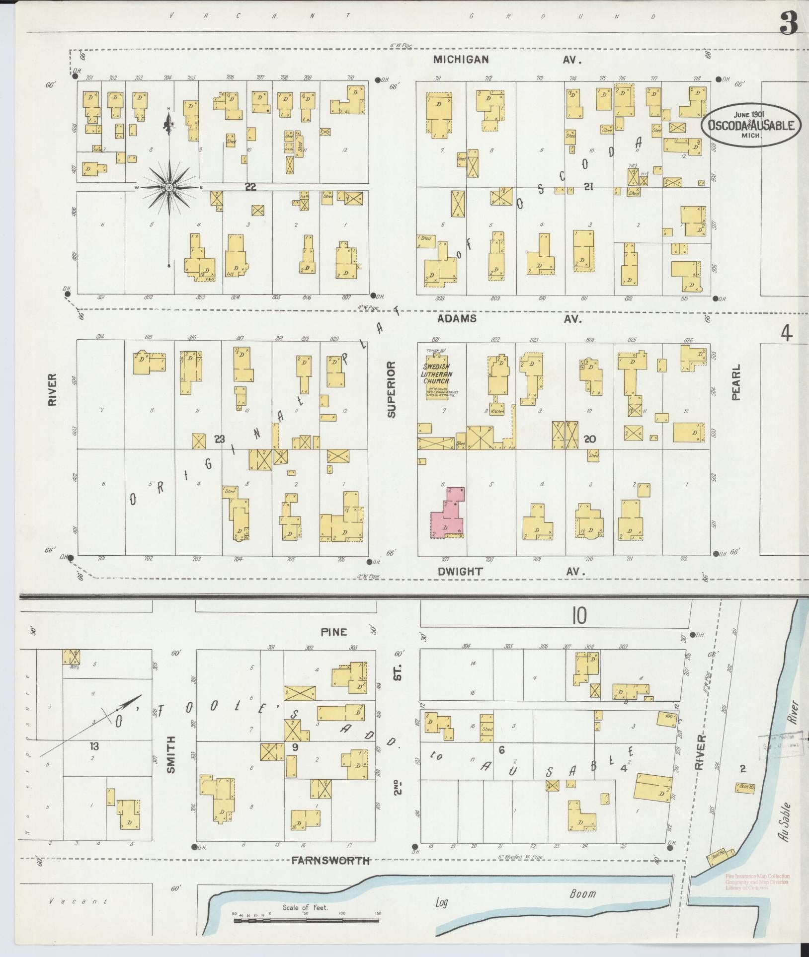 Sanborn Fire Insurance Map from Oscoda, Iosco County, Michigan (1901), Sheet #0003 - Historic Sanborn Fire Insurance Map Print, vintage old map wall art, antique decor, genealogy gift, Michigan Michigan map