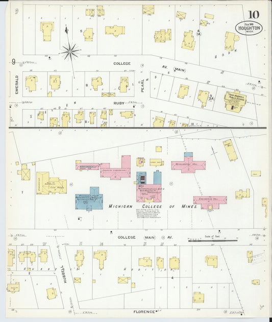 Sanborn Fire Insurance Map from Houghton, Houghton County, Michigan (1908), Sheet #0010 - Historic Sanborn Fire Insurance Map Print, vintage old map wall art, antique decor, genealogy gift, Michigan Michigan map