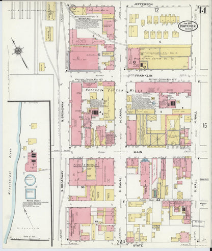 Sanborn Fire Insurance Map from Natchez, Adams County, Mississippi (1910), Sheet #0014 - Complete Map Set gallery image, historic Sanborn map, vintage wall art, Mississippi Mississippi