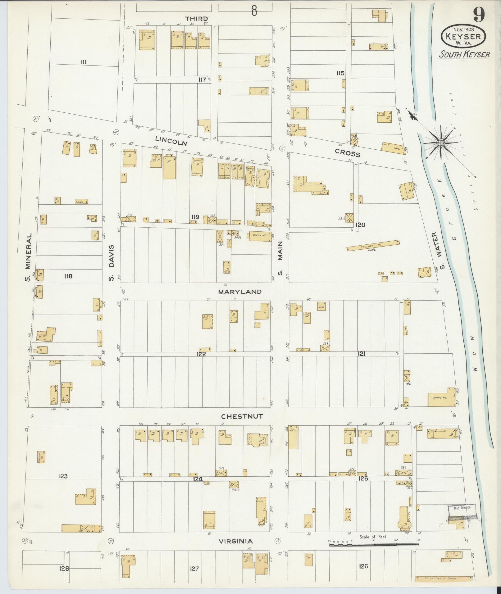 Sanborn Fire Insurance Map from Keyser, Mineral County, West Virginia (1908), Sheet #0009 - Historic Sanborn Fire Insurance Map Print, vintage old map wall art, antique decor, genealogy gift, West Virginia West Virginia map