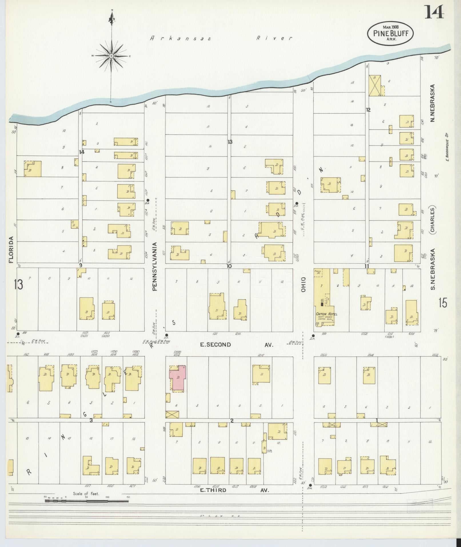 Sanborn Fire Insurance Map from Pine Bluff, Jefferson County, Arkansas (1908), Sheet #0014 - Complete Map Set gallery image, historic Sanborn map, vintage wall art, Arkansas Arkansas
