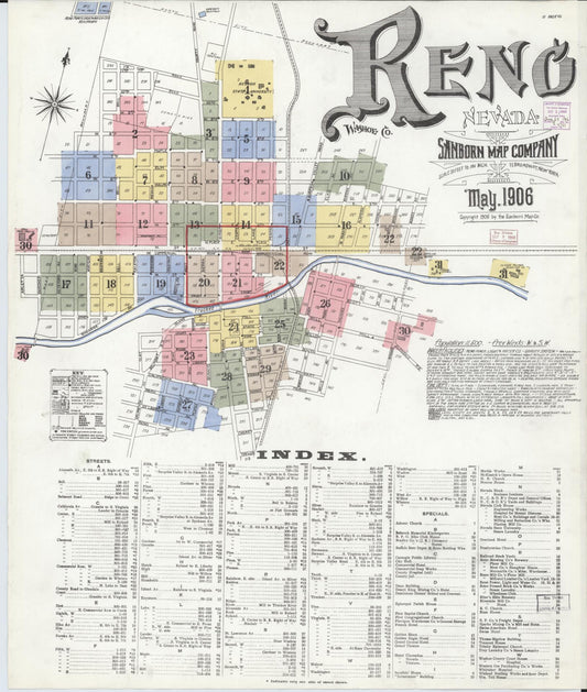 Sanborn Fire Insurance Map from Reno, Washoe County, Nevada (1906), Sheet #0001 - Historic Sanborn Fire Insurance Map Print, vintage old map wall art, antique decor, genealogy gift, Nevada Nevada map
