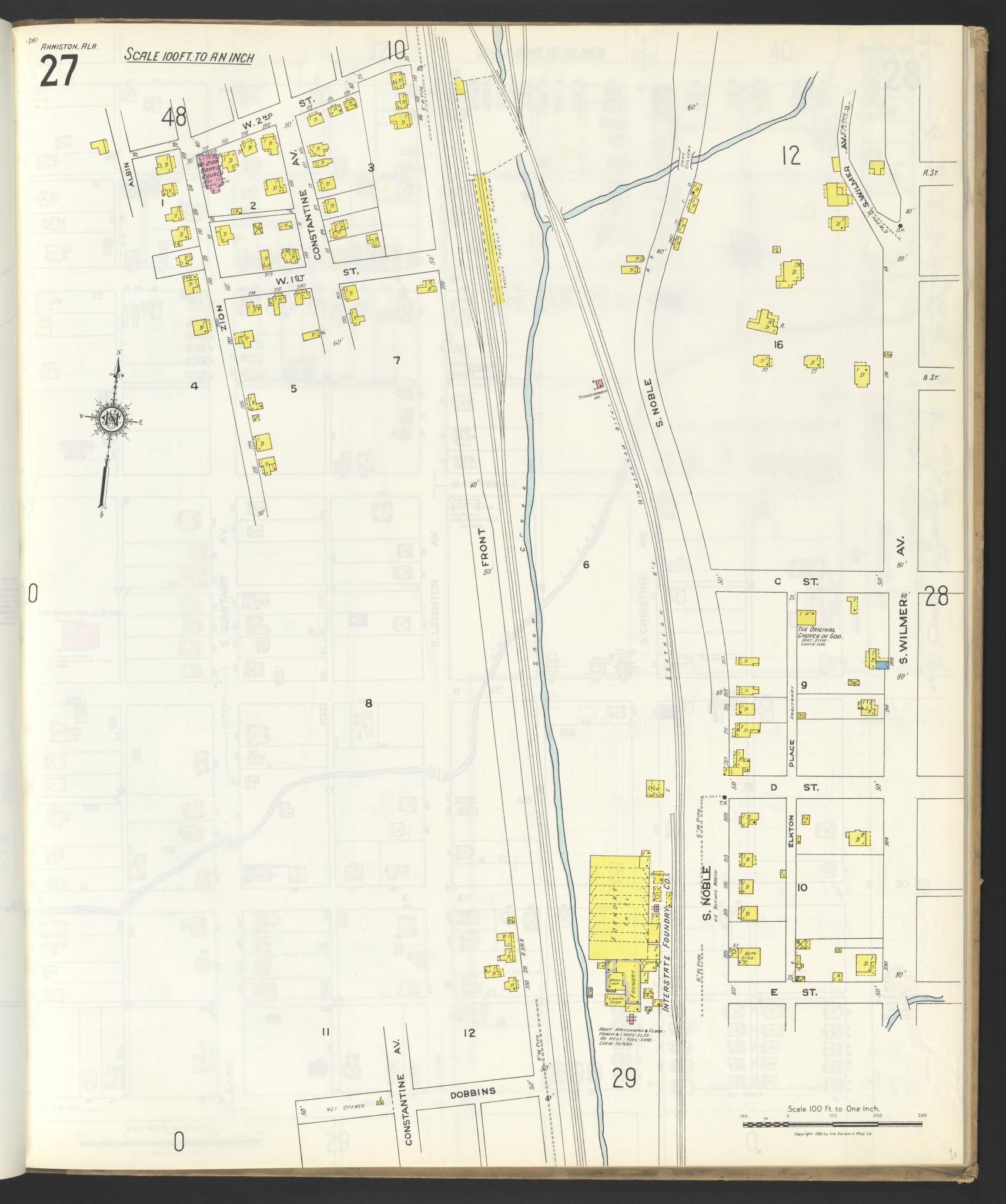 Sanborn Fire Insurance Map from Anniston, Calhoun County, Alabama (1925), Sheet #0027 - Historic Sanborn Fire Insurance Map Print, vintage old map wall art, antique decor, genealogy gift, Alabama Alabama map