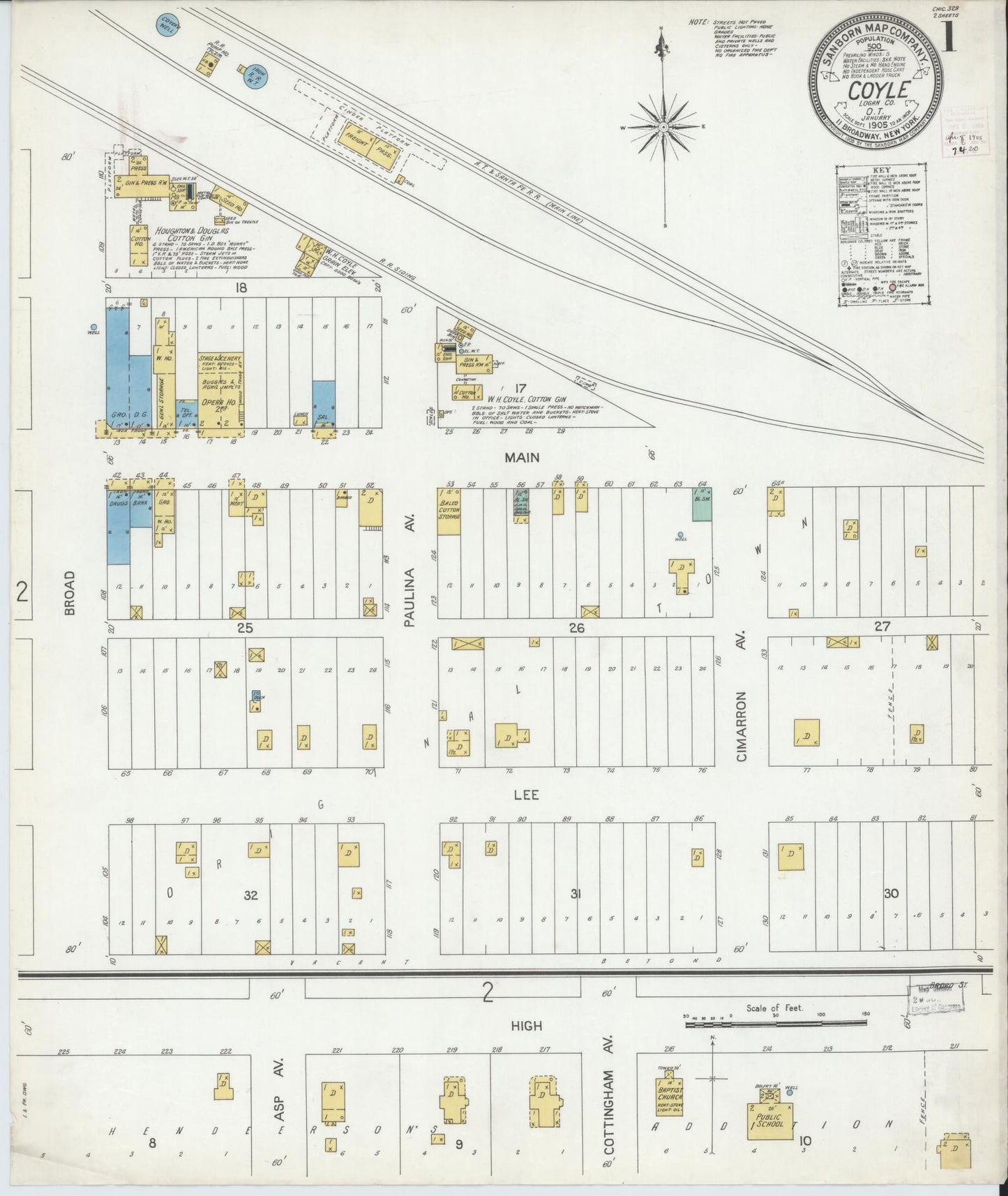 Sanborn Fire Insurance Map from Coyle, Logan County, Oklahoma (1905), Sheet #0001 - Complete Map Set gallery image, historic Sanborn map, vintage wall art, Oklahoma Oklahoma