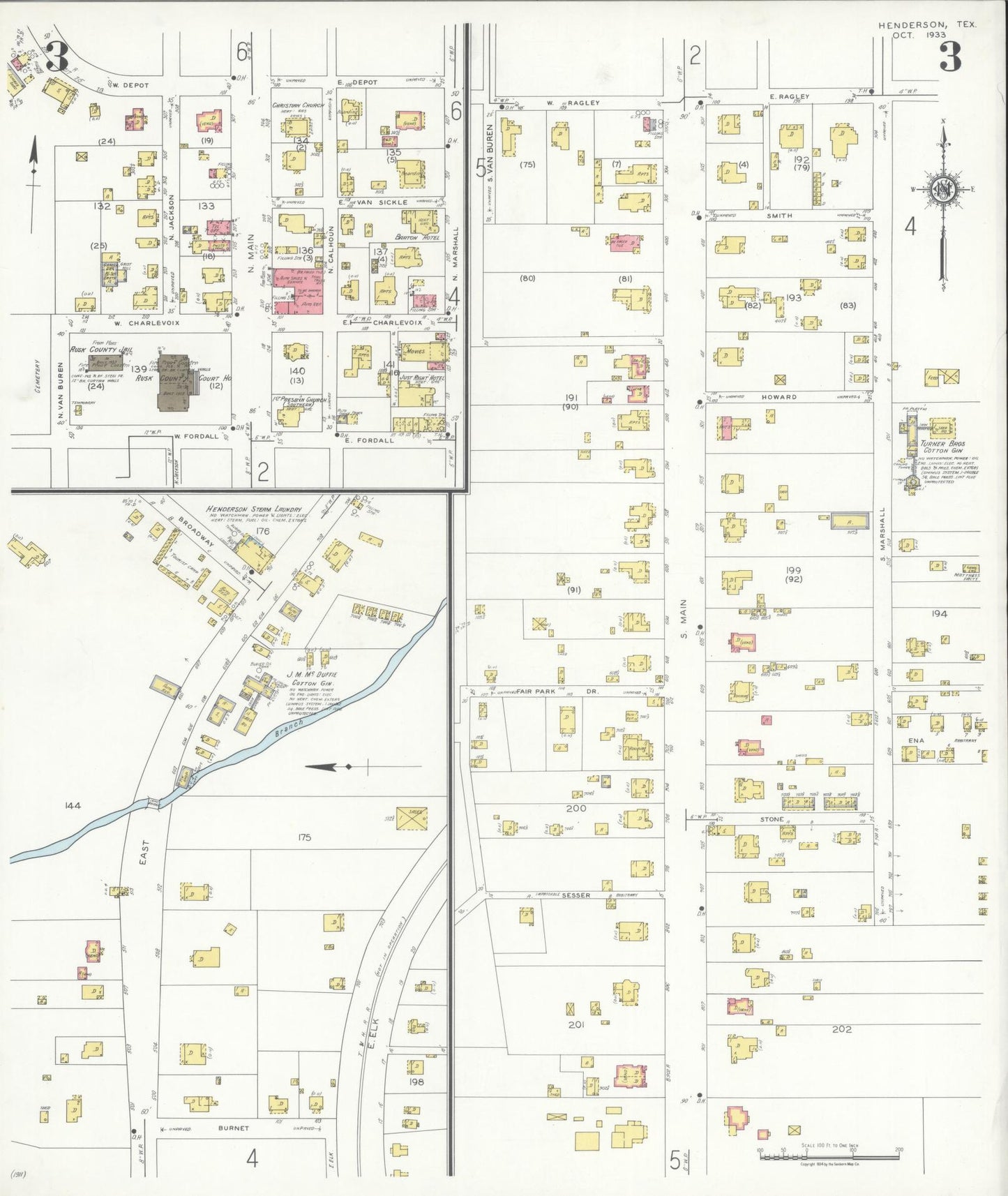 Sanborn Fire Insurance Map from Henderson, Rusk County, Texas (1933), Sheet #0003 - Complete Map Set gallery image, historic Sanborn map, vintage wall art, Texas Texas