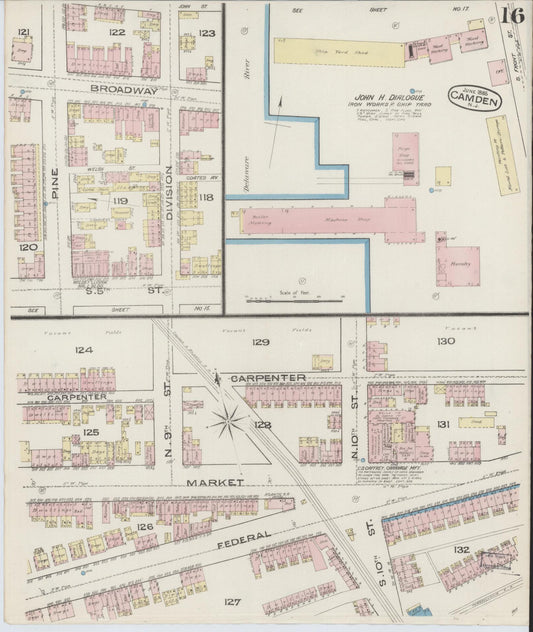 Sanborn Fire Insurance Map from Camden, Camden County, New Jersey (1885), Sheet #0016 - Historic Sanborn Fire Insurance Map Print, vintage old map wall art, antique decor, genealogy gift, New Jersey New Jersey map