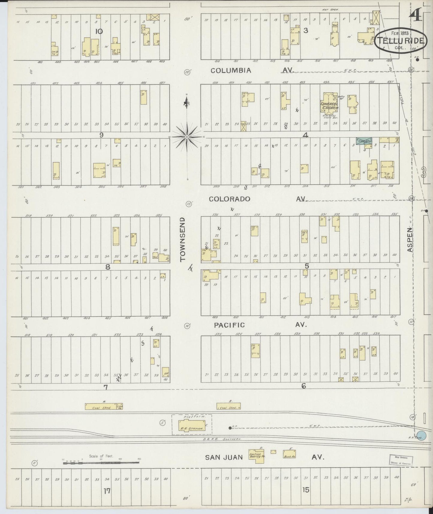 Sanborn Fire Insurance Map from Telluride, San Miguel County, Colorado (1893), Sheet #0004 - Complete Map Set gallery image, historic Sanborn map, vintage wall art, Colorado Colorado