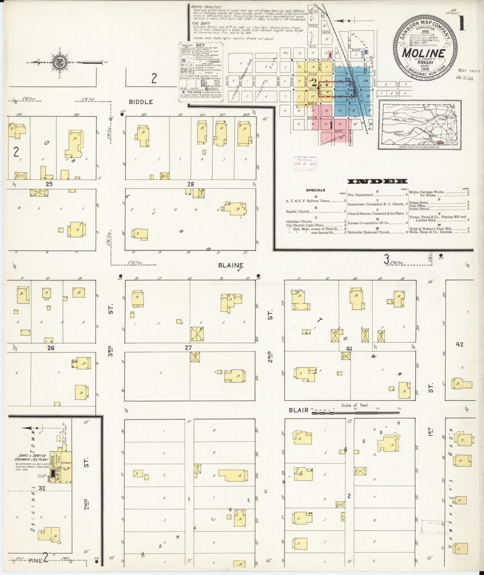 Sanborn Fire Insurance Map from Moline, Elk County, Kansas (1915), Sheet #0001 - Historic Sanborn Fire Insurance Map Print, vintage old map wall art, antique decor, genealogy gift, Kansas Kansas map