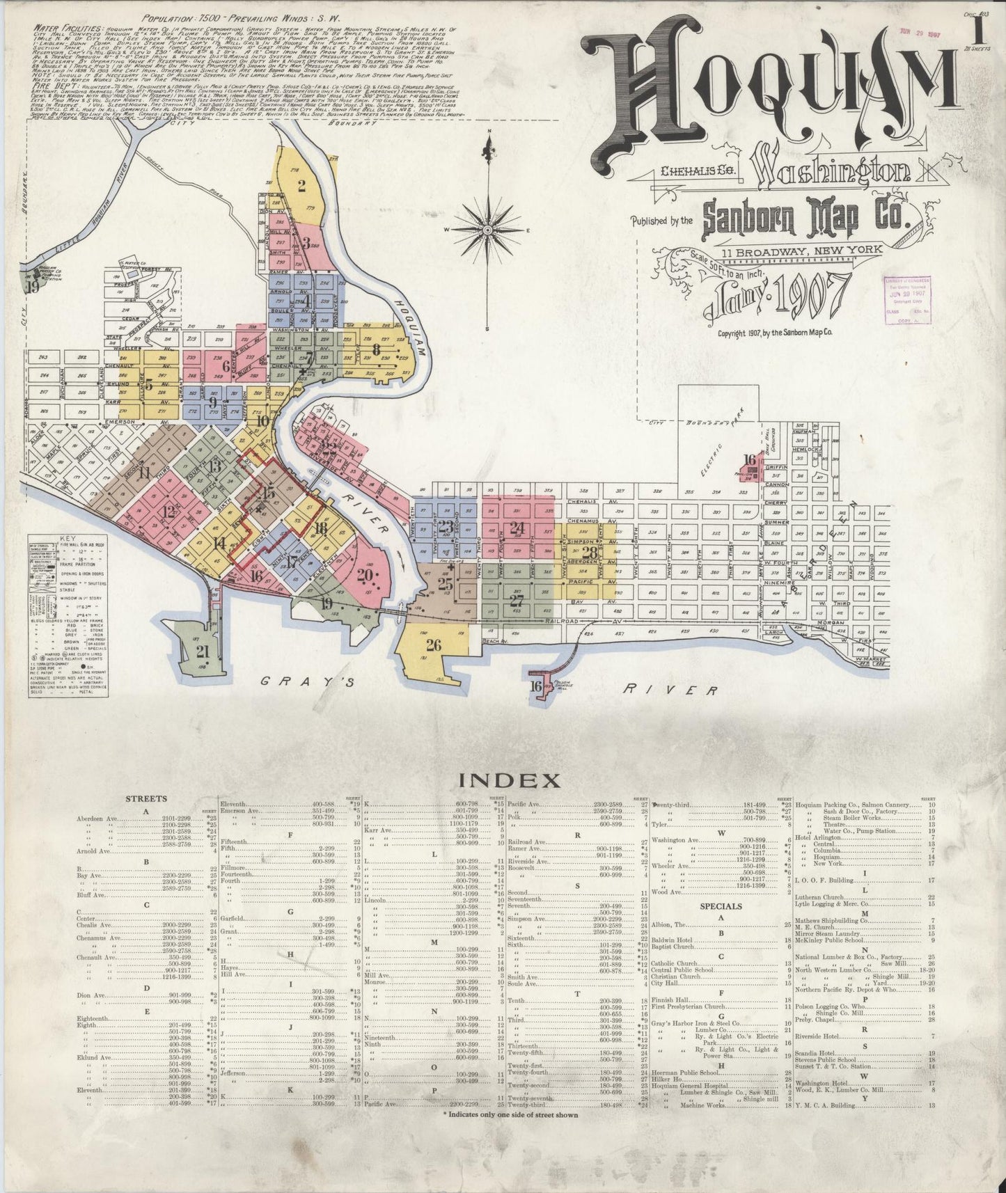 Sanborn Fire Insurance Map from Hoquiam, Grays Harbor County, Washington (1907), Sheet #0001 - Complete Map Set gallery image, historic Sanborn map, vintage wall art, Washington Washington