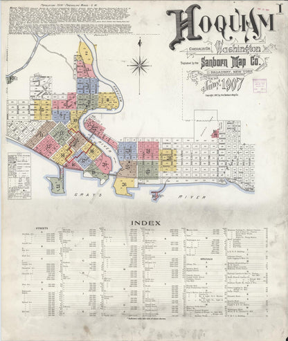 Sanborn Fire Insurance Map from Hoquiam, Grays Harbor County, Washington (1907), Sheet #0001 - Complete Map Set gallery image, historic Sanborn map, vintage wall art, Washington Washington