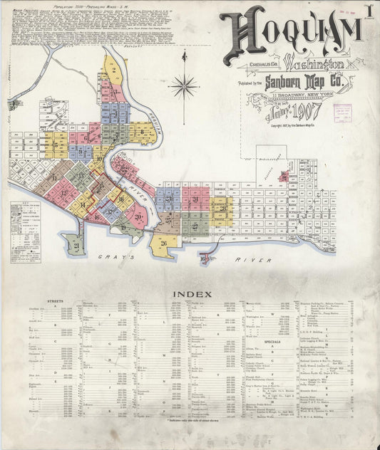 Sanborn Fire Insurance Map from Hoquiam, Grays Harbor County, Washington (1907), Sheet #0001 - Complete Map Set gallery image, historic Sanborn map, vintage wall art, Washington Washington