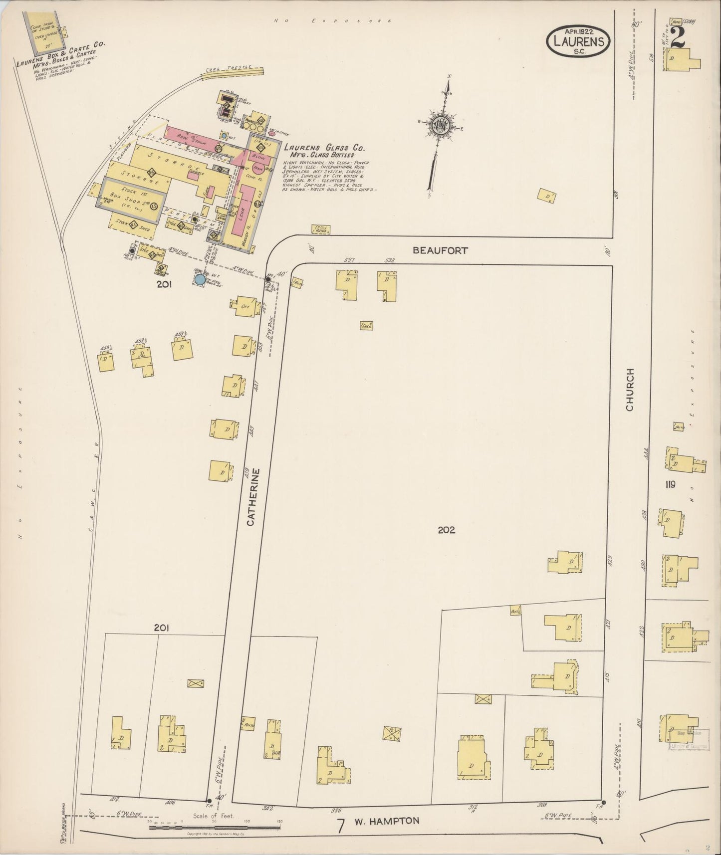 Sanborn Fire Insurance Map from Laurens, Laurens County, South Carolina (1922), Sheet #0002 - Historic Sanborn Fire Insurance Map Print, vintage old map wall art, antique decor, genealogy gift, South Carolina South Carolina map