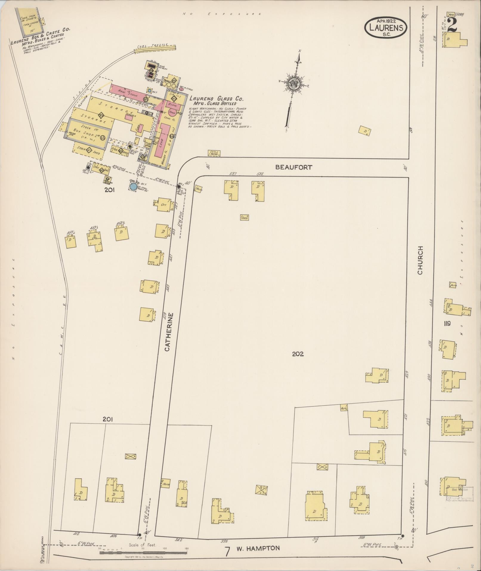 Sanborn Fire Insurance Map from Laurens, Laurens County, South Carolina (1922), Sheet #0002 - Historic Sanborn Fire Insurance Map Print, vintage old map wall art, antique decor, genealogy gift, South Carolina South Carolina map
