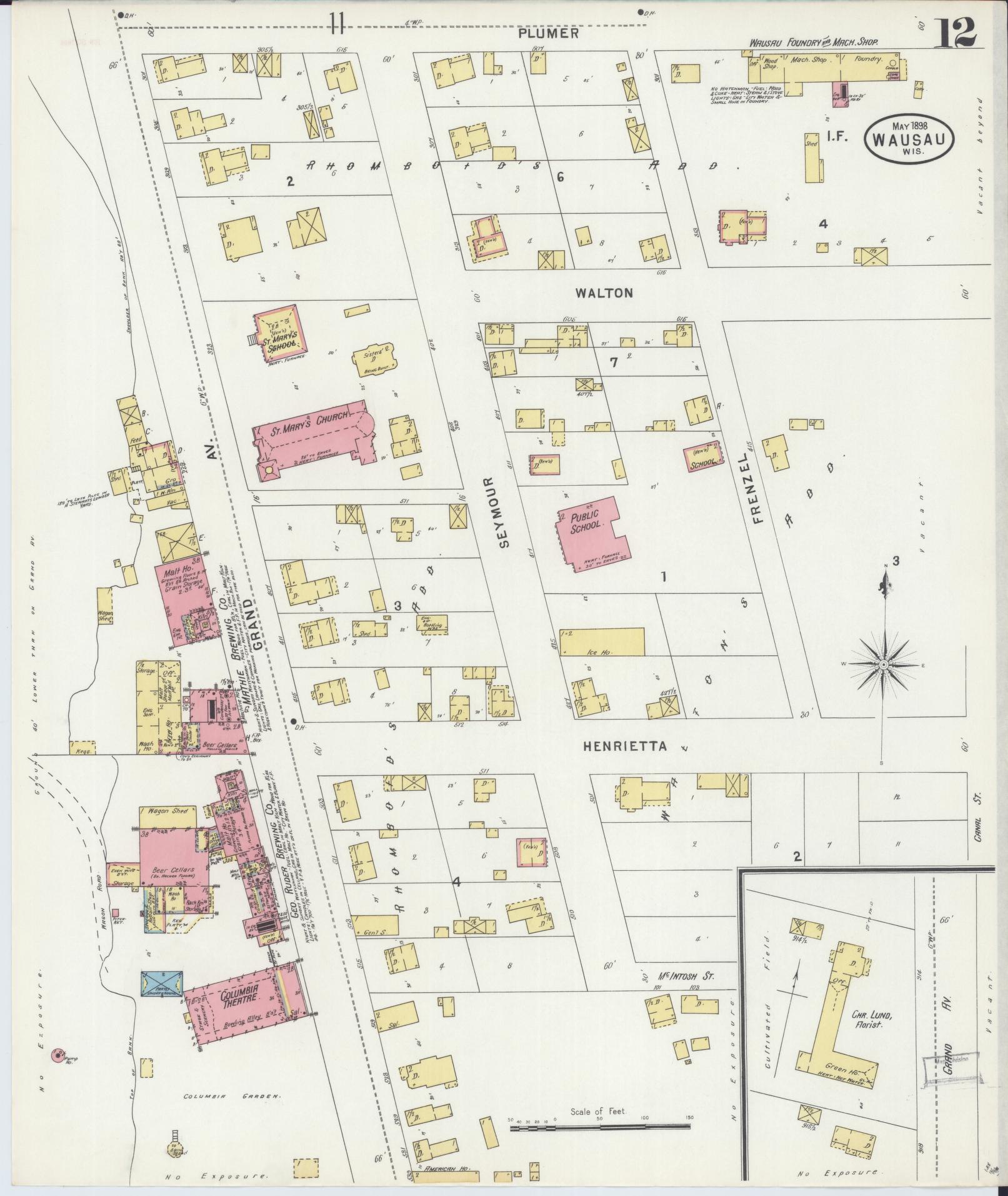 Sanborn Fire Insurance Map from Wausau, Marathon County, Wisconsin (1898), Sheet #0012 - Historic Sanborn Fire Insurance Map Print, vintage old map wall art, antique decor, genealogy gift, Wisconsin Wisconsin map