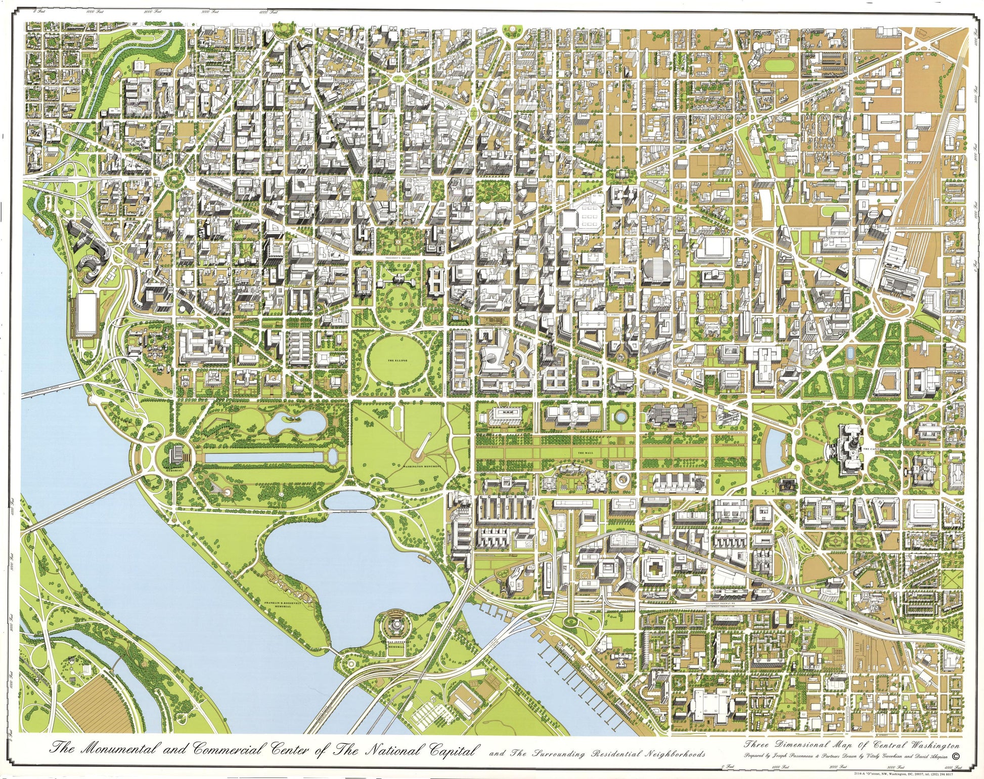 The monumental and commercial center of the national capital and the surrounding residential neighborhoods : three dimensional map of central Washington (1996) – Historic Bird’s-Eye View Panorama Print