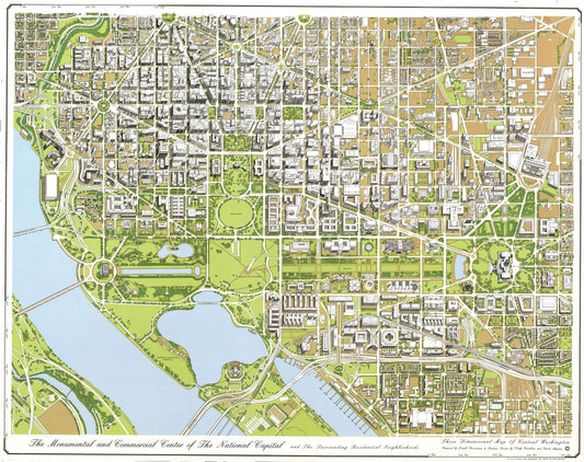 The monumental and commercial center of the national capital and the surrounding residential neighborhoods : three dimensional map of central Washington (1996) – Historic Bird’s-Eye View Panorama Print