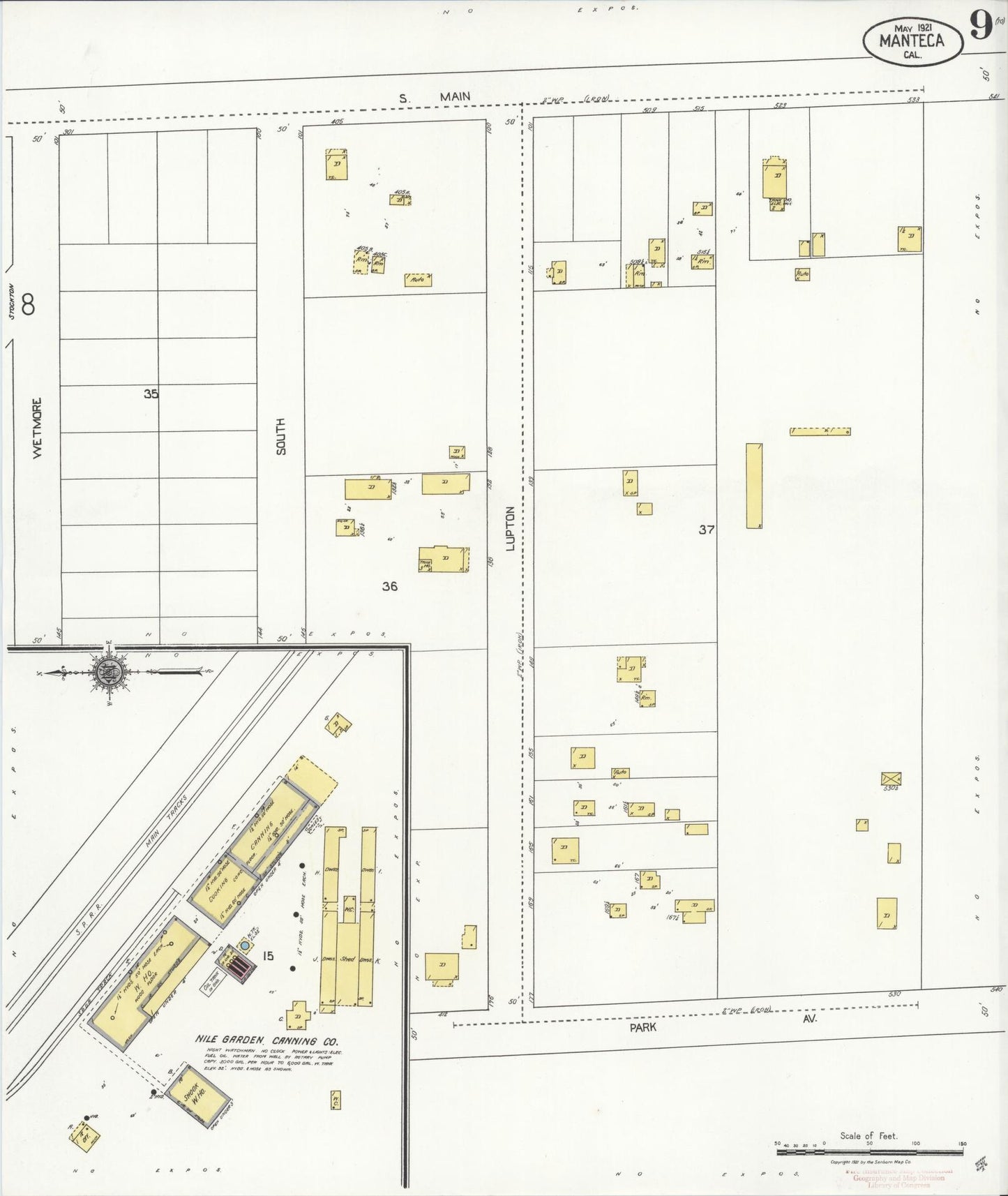 Sanborn Fire Insurance Map from Manteca, San Joaquin County, California (1921), Sheet #0009 - Historic Sanborn Fire Insurance Map Print, vintage old map wall art, antique decor, genealogy gift, California California map