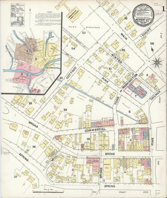 Sanborn Fire Insurance Map from Nevada City, Nevada County, California (1891), Sheet #0001 - Historic Sanborn Fire Insurance Map Print, vintage old map wall art, antique decor, genealogy gift, Nevada City Nevada map