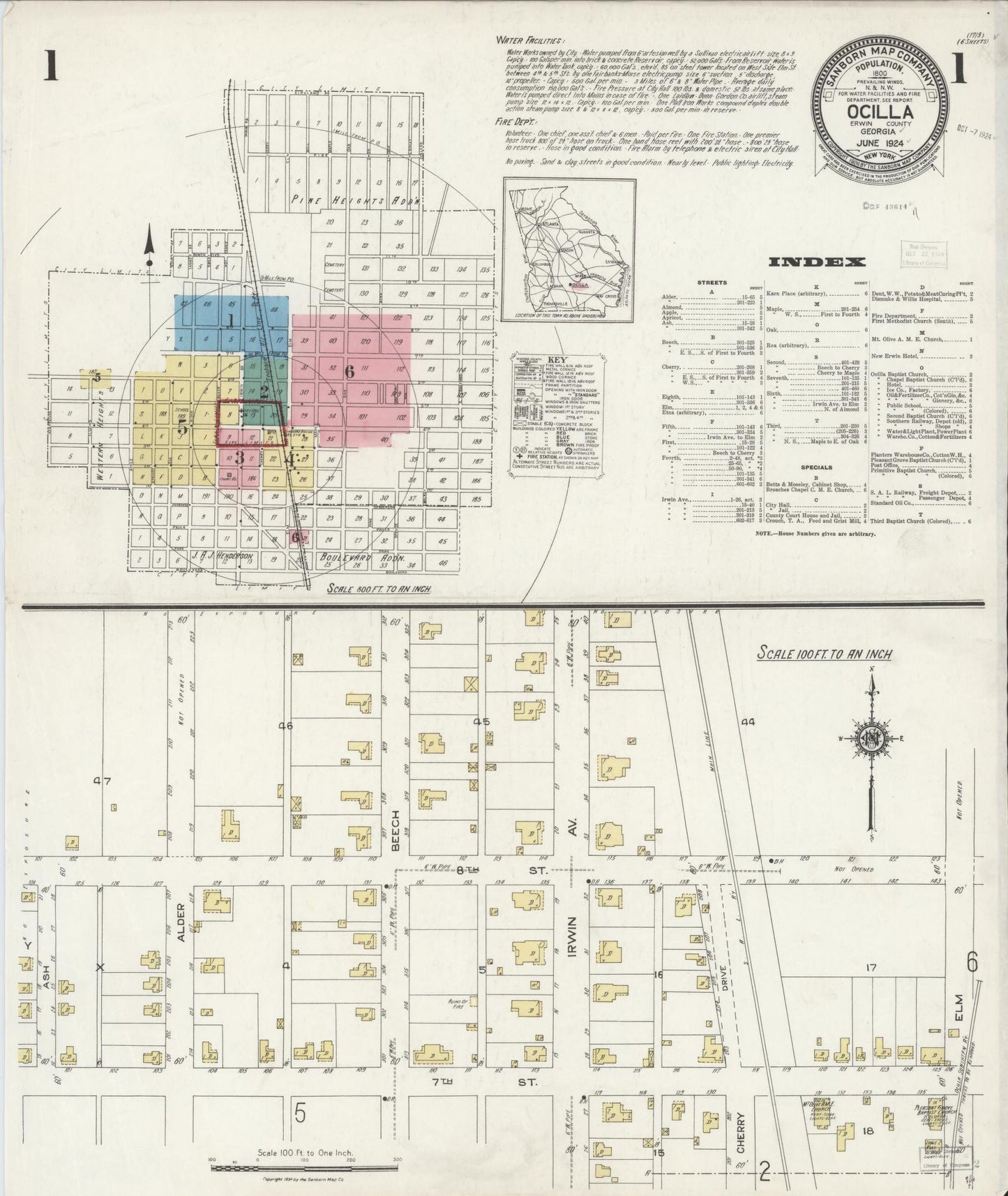 Sanborn Fire Insurance Map from Ocilla, Irwin County, Georgia (1924), Sheet #0001 - Historic Sanborn Fire Insurance Map Print, vintage old map wall art, antique decor, genealogy gift, Georgia Georgia map