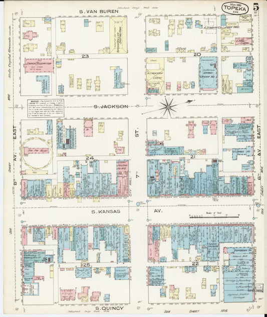 Sanborn Fire Insurance Map from Topeka, Shawnee County, Kansas (1885), Sheet #0005 - Historic Sanborn Fire Insurance Map Print, vintage old map wall art, antique decor, genealogy gift, Kansas Kansas map