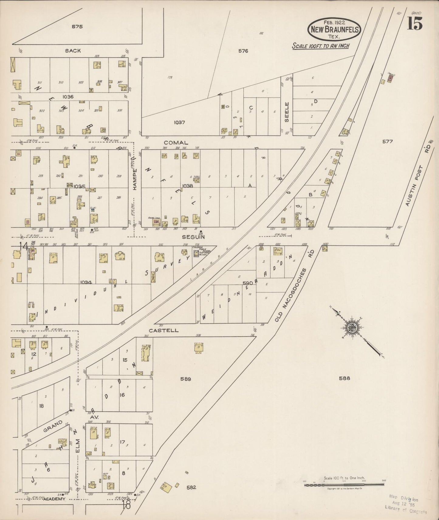 Sanborn Fire Insurance Map from New Braunfels, Comal County, Texas (1922), Sheet #0015 - Historic Sanborn Fire Insurance Map Print, vintage old map wall art, antique decor, genealogy gift, Texas Texas map