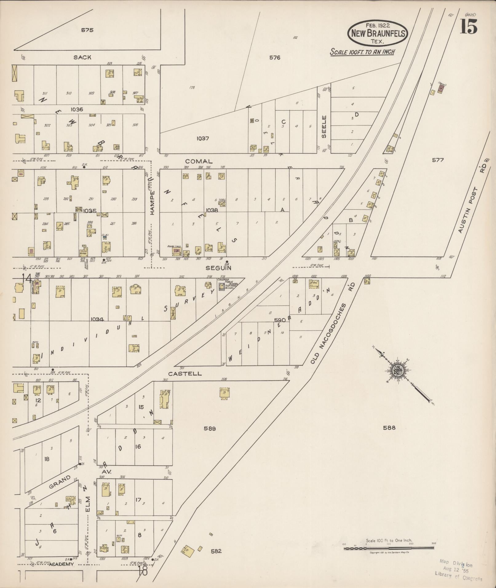 Sanborn Fire Insurance Map from New Braunfels, Comal County, Texas (1922), Sheet #0015 - Historic Sanborn Fire Insurance Map Print, vintage old map wall art, antique decor, genealogy gift, Texas Texas map