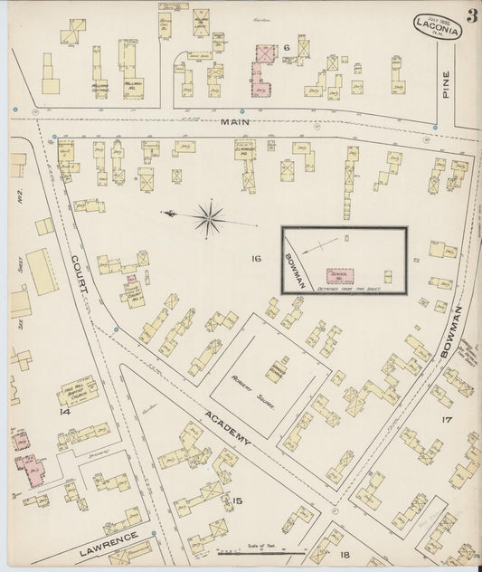 Sanborn Fire Insurance Map from Laconia, Belknap County, New Hampshire (1885), Sheet #0003 - Historic Sanborn Fire Insurance Map Print, vintage old map wall art, antique decor, genealogy gift, New Hampshire New Hampshire map