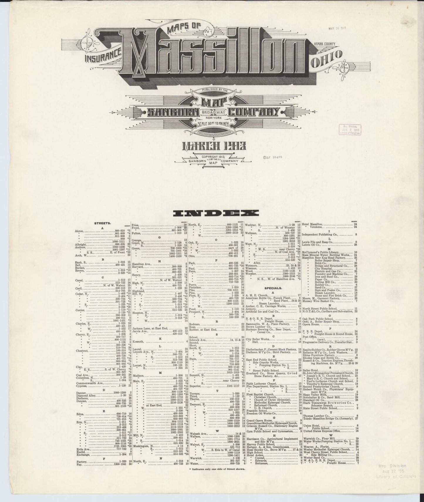 Sanborn Fire Insurance Map from Massillon, Stark County, Ohio (1913), Sheet #0001 - Historic Sanborn Fire Insurance Map Print, vintage old map wall art, antique decor, genealogy gift, Ohio Ohio map
