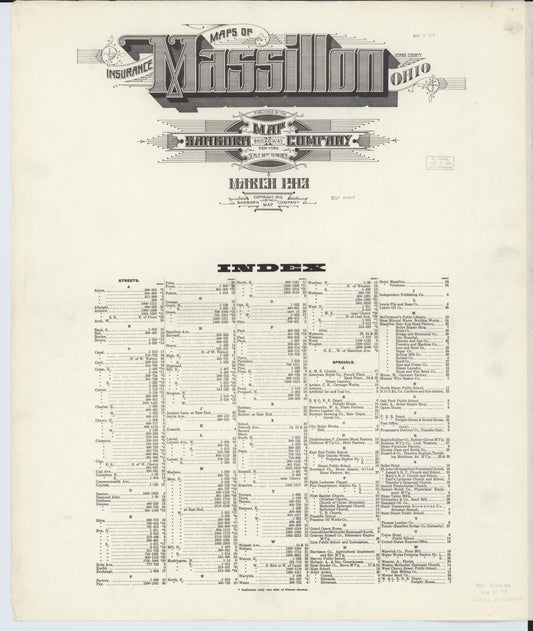 Sanborn Fire Insurance Map from Massillon, Stark County, Ohio (1913), Sheet #0001 - Historic Sanborn Fire Insurance Map Print, vintage old map wall art, antique decor, genealogy gift, Ohio Ohio map