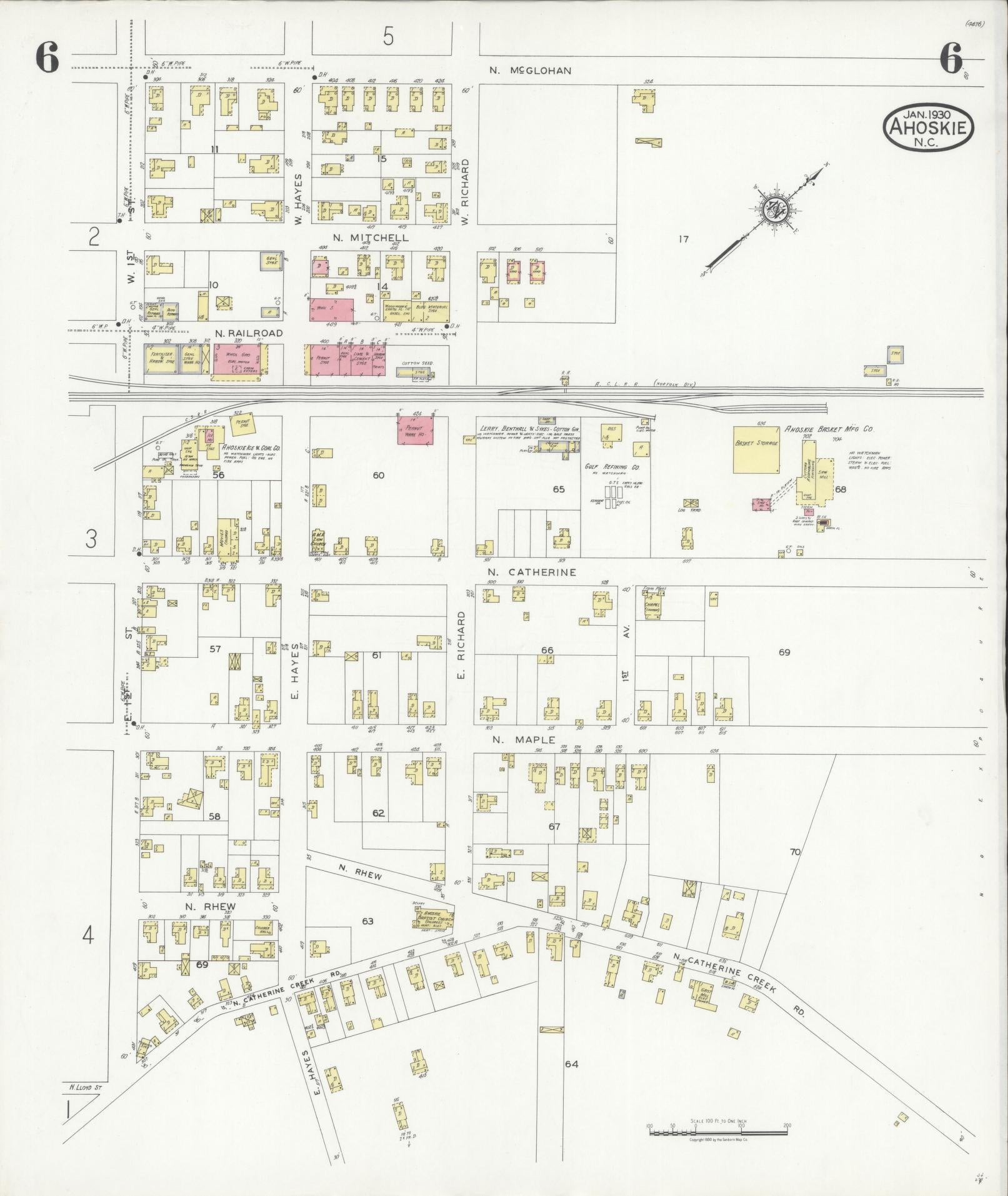 Sanborn Fire Insurance Map from Ahoskie, Hertford County, North Carolina (1930), Sheet #0006 - Historic Sanborn Fire Insurance Map Print, vintage old map wall art, antique decor, genealogy gift, North Carolina North Carolina map