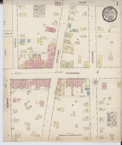 Sanborn Fire Insurance Map from Sturgis, Saint Joseph County, Michigan (1884), Sheet #0001 - Historic Sanborn Fire Insurance Map Print, vintage old map wall art, antique decor, genealogy gift, Michigan Michigan map