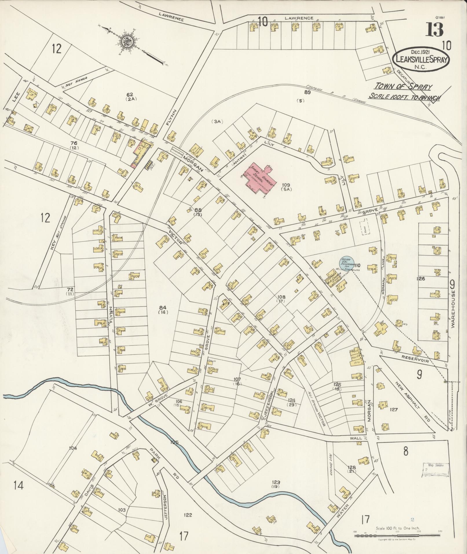 Sanborn Fire Insurance Map from Leaksville-spray, Rockingham County, North Carolina (1921), Sheet #0013 - Historic Sanborn Fire Insurance Map Print, vintage old map wall art, antique decor, genealogy gift, North Carolina North Carolina map