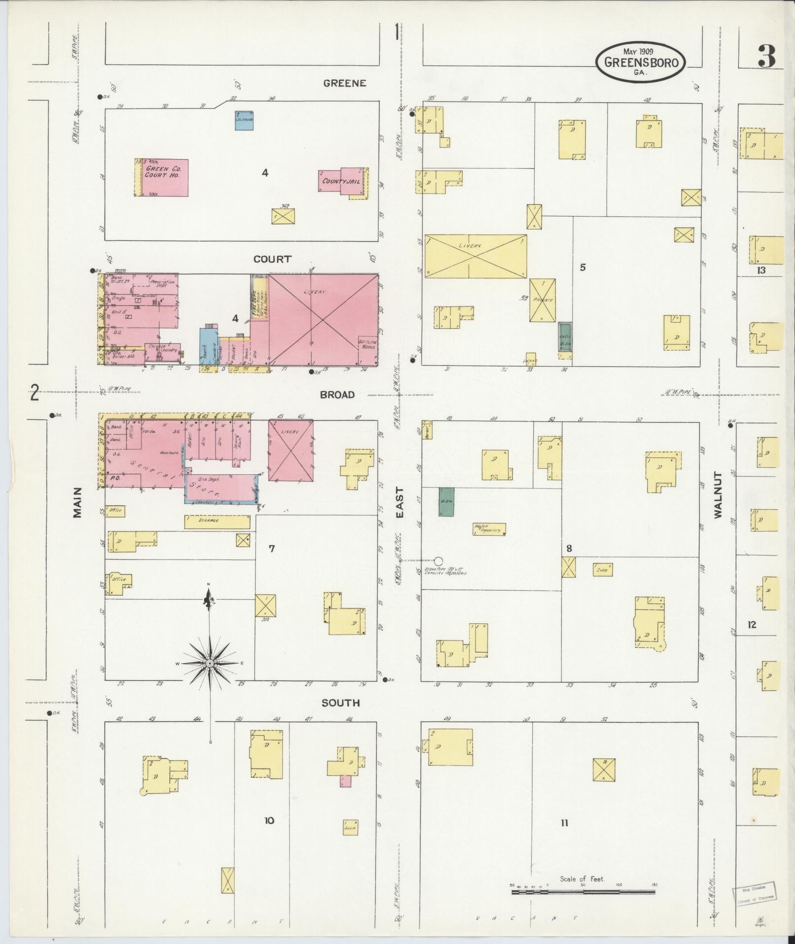 Sanborn Fire Insurance Map from Greensboro, Greene County, Georgia (1909), Sheet #0003 - Complete Map Set gallery image, historic Sanborn map, vintage wall art, Georgia Georgia