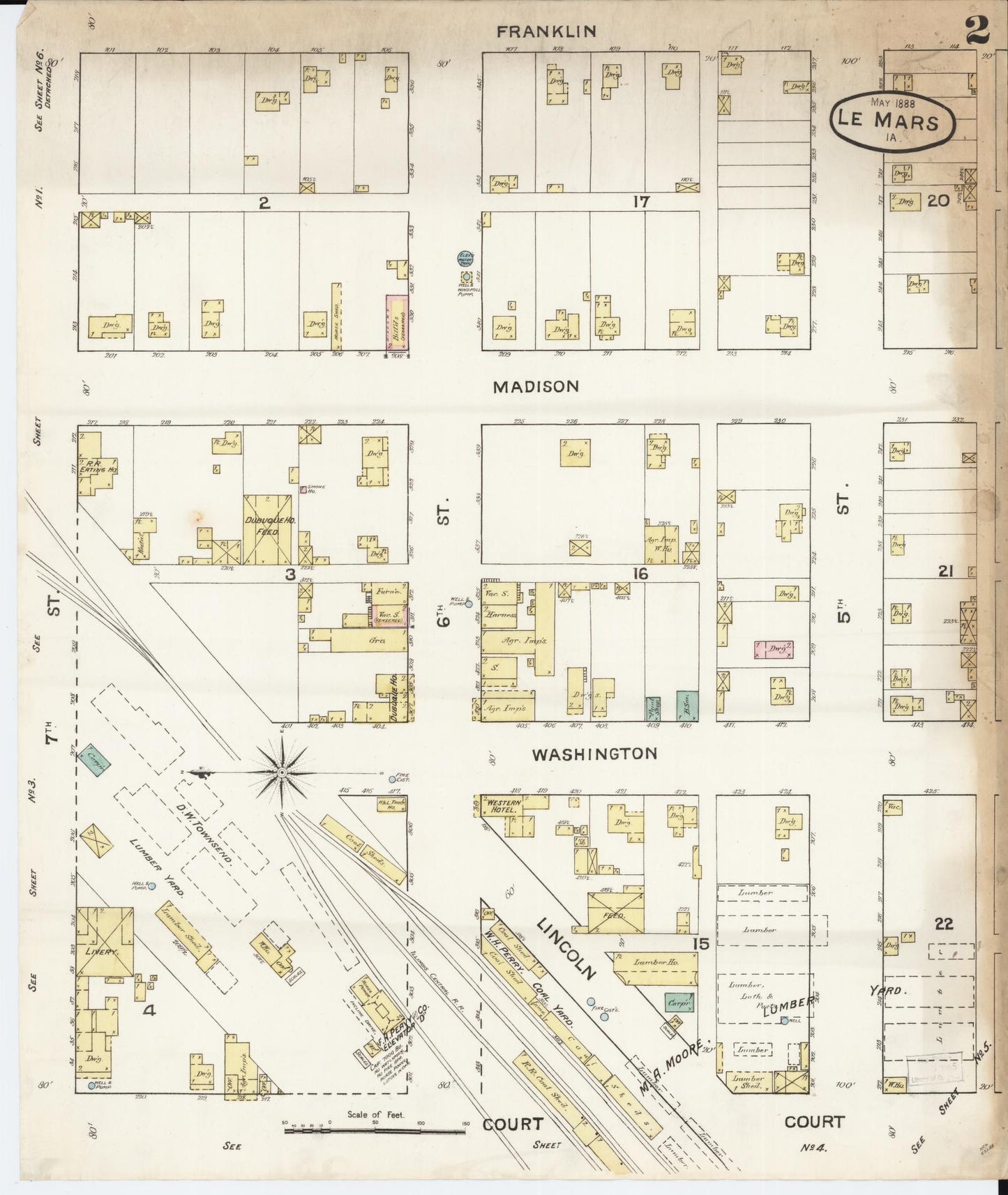 Sanborn Fire Insurance Map from Le Mars, Plymouth County, Iowa (1888), Sheet #0002 - Historic Sanborn Fire Insurance Map Print, vintage old map wall art