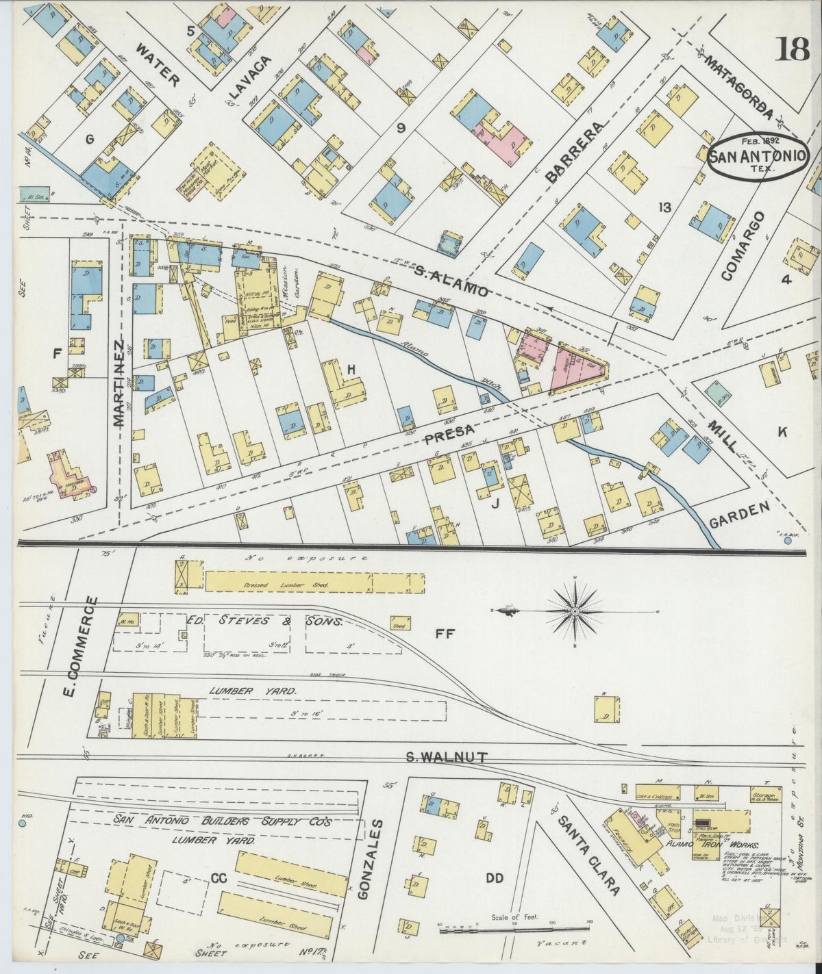Sanborn Fire Insurance Map from San Antonio, Bexar County, Texas (1892), Sheet #0018 - Complete Map Set gallery image, historic Sanborn map, vintage wall art, Texas Texas