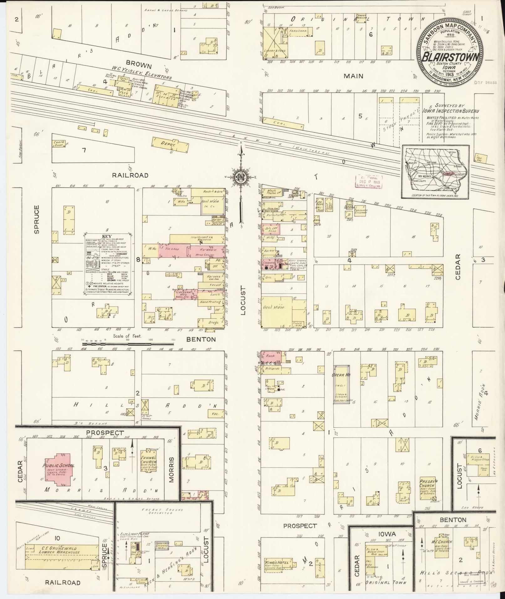 Sanborn Fire Insurance Map from Blairstown, Benton County, Iowa (1913), Sheet #0001 - Historic Sanborn Fire Insurance Map Print, vintage old map wall art