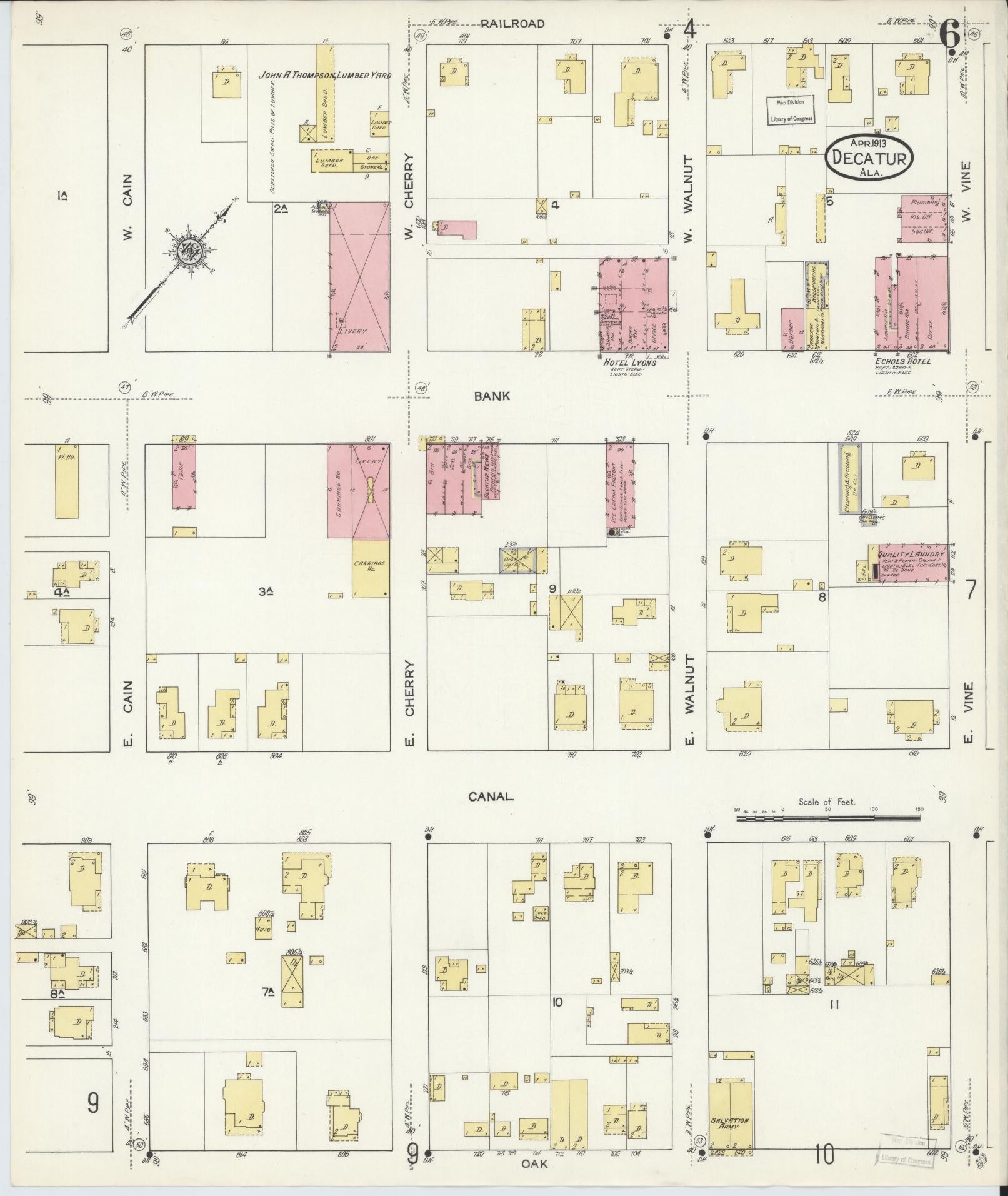 Sanborn Fire Insurance Map from Decatur, Morgan County, Alabama (1913), Sheet #0006 - Historic Sanborn Fire Insurance Map Print, vintage old map wall art, antique decor, genealogy gift, Alabama Alabama map
