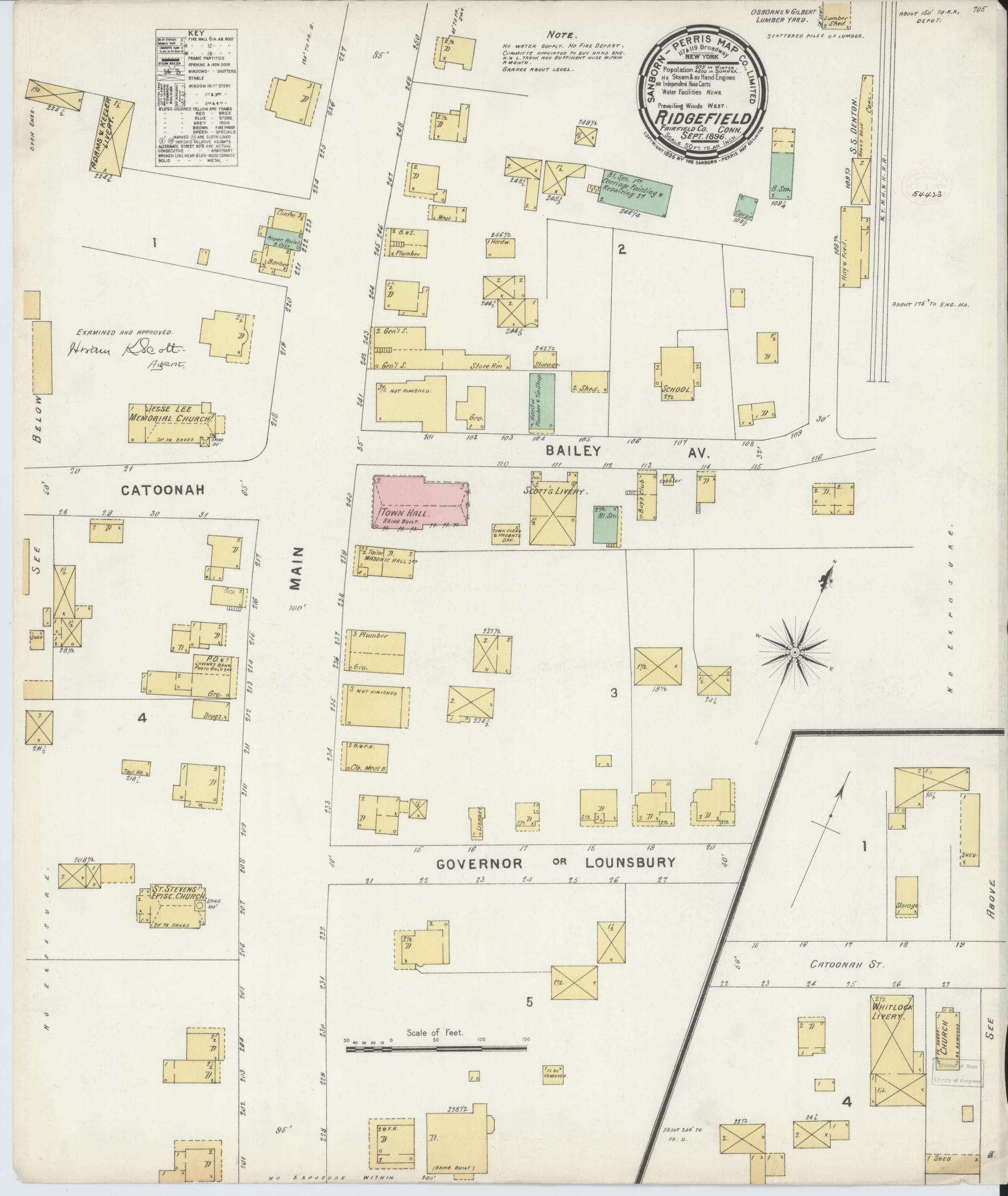 Sanborn Fire Insurance Map from Ridgefield, Fairfield County, Connecticut (1896), Sheet #0001 - Historic Sanborn Fire Insurance Map Print, vintage old map wall art, antique decor, genealogy gift, Connecticut Connecticut map