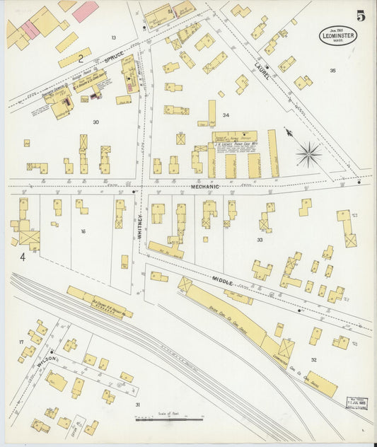 Sanborn Fire Insurance Map from Leominster, Worcester County, Massachusetts (1901), Sheet #0005 - Historic Sanborn Fire Insurance Map Print, vintage old map wall art, antique decor, genealogy gift, Massachusetts Massachusetts map