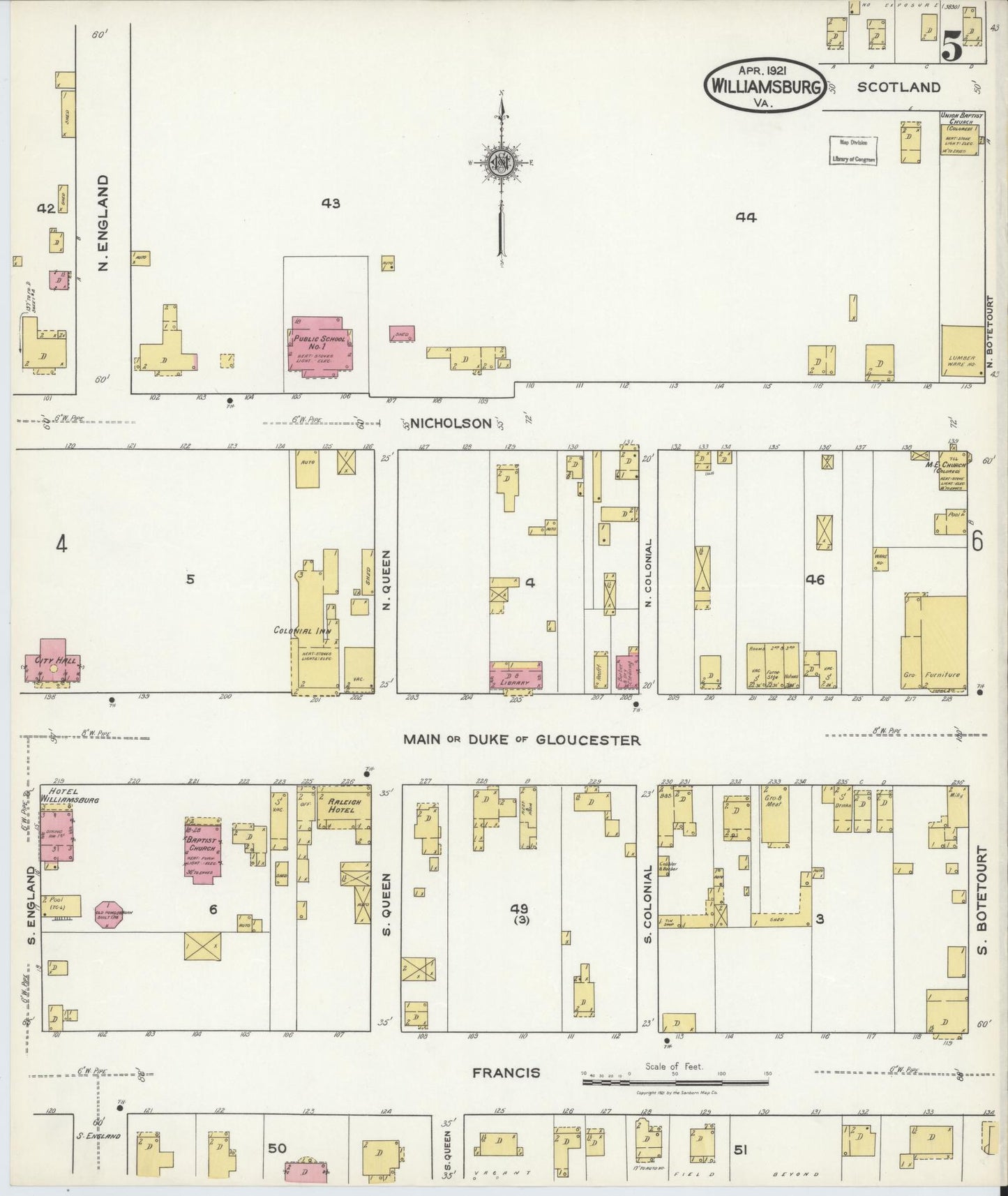 Sanborn Fire Insurance Map from Williamsburg, Independent Cities, Virginia (1921), Sheet #0005 - Complete Map Set gallery image, historic Sanborn map, vintage wall art, Virginia Virginia