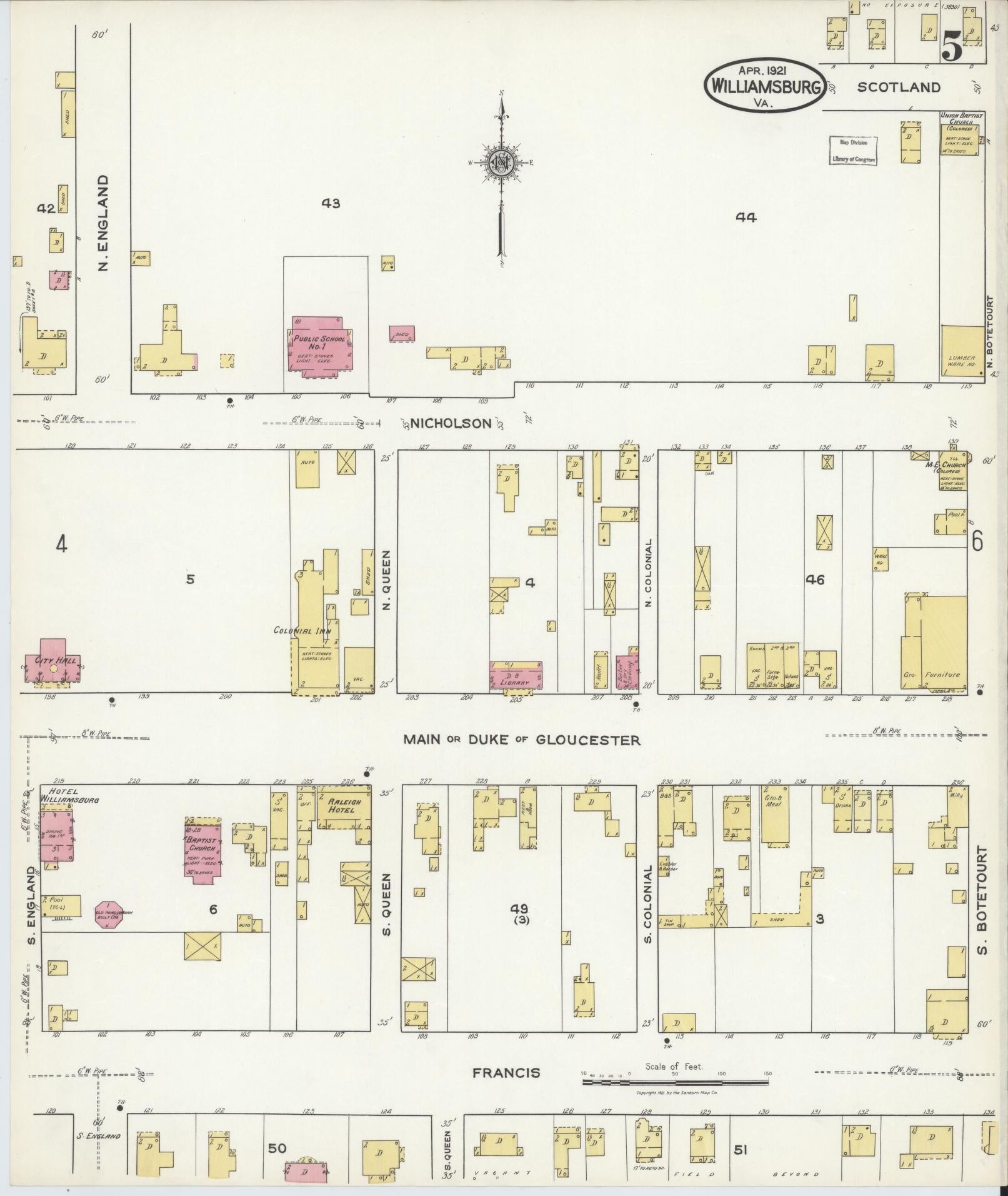 Sanborn Fire Insurance Map from Williamsburg, Independent Cities, Virginia (1921), Sheet #0005 - Complete Map Set gallery image, historic Sanborn map, vintage wall art, Virginia Virginia