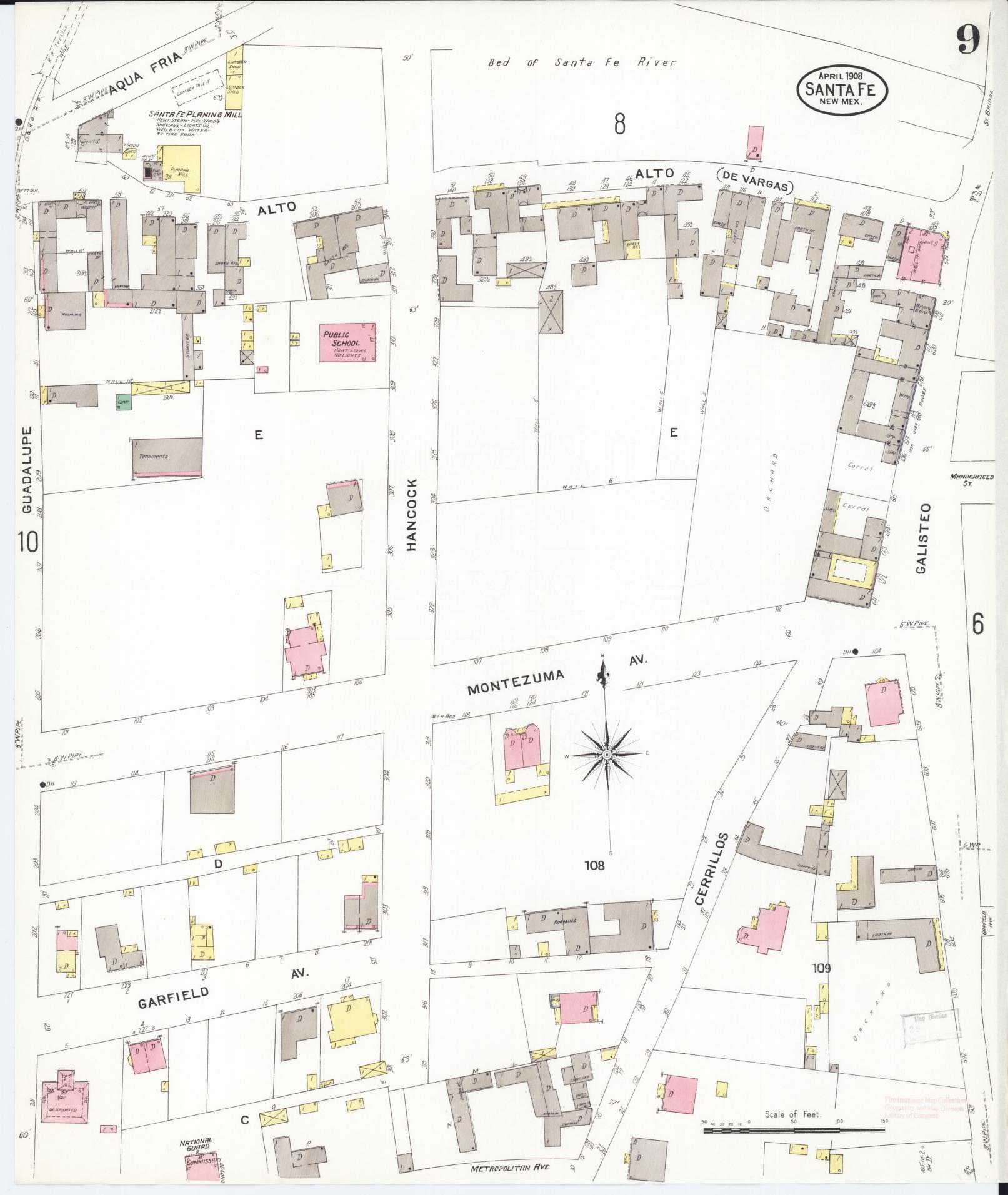Sanborn Fire Insurance Map from Santa Fe, Santa Fe County, New Mexico (1908), Sheet #0009 - Historic Sanborn Fire Insurance Map Print, vintage old map wall art, antique decor, genealogy gift, New Mexico New Mexico map