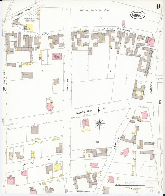 Sanborn Fire Insurance Map from Santa Fe, Santa Fe County, New Mexico (1908), Sheet #0009 - Historic Sanborn Fire Insurance Map Print, vintage old map wall art, antique decor, genealogy gift, New Mexico New Mexico map