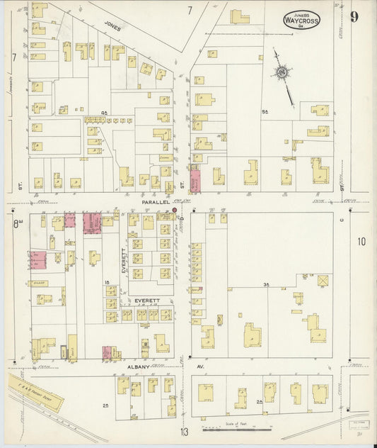 Sanborn Fire Insurance Map from Waycross, Ware County, Georgia (1913), Sheet #0009 - Historic Sanborn Fire Insurance Map Print, vintage old map wall art, antique decor, genealogy gift, Georgia Georgia map