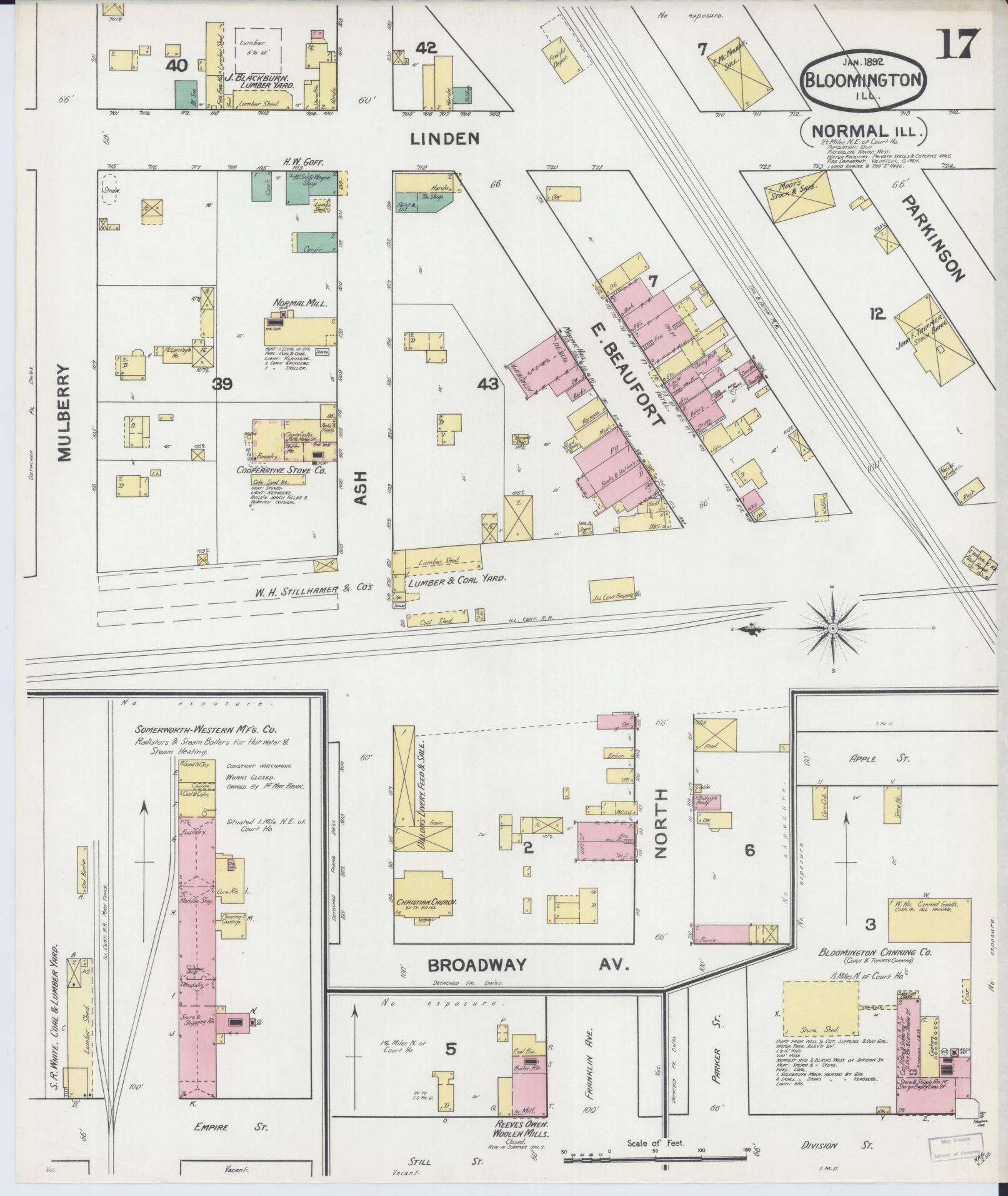 Sanborn Fire Insurance Map from Bloomington, McLean County, Illinois (1892), Sheet #0017 - Complete Map Set gallery image, historic Sanborn map, vintage wall art, Illinois Illinois