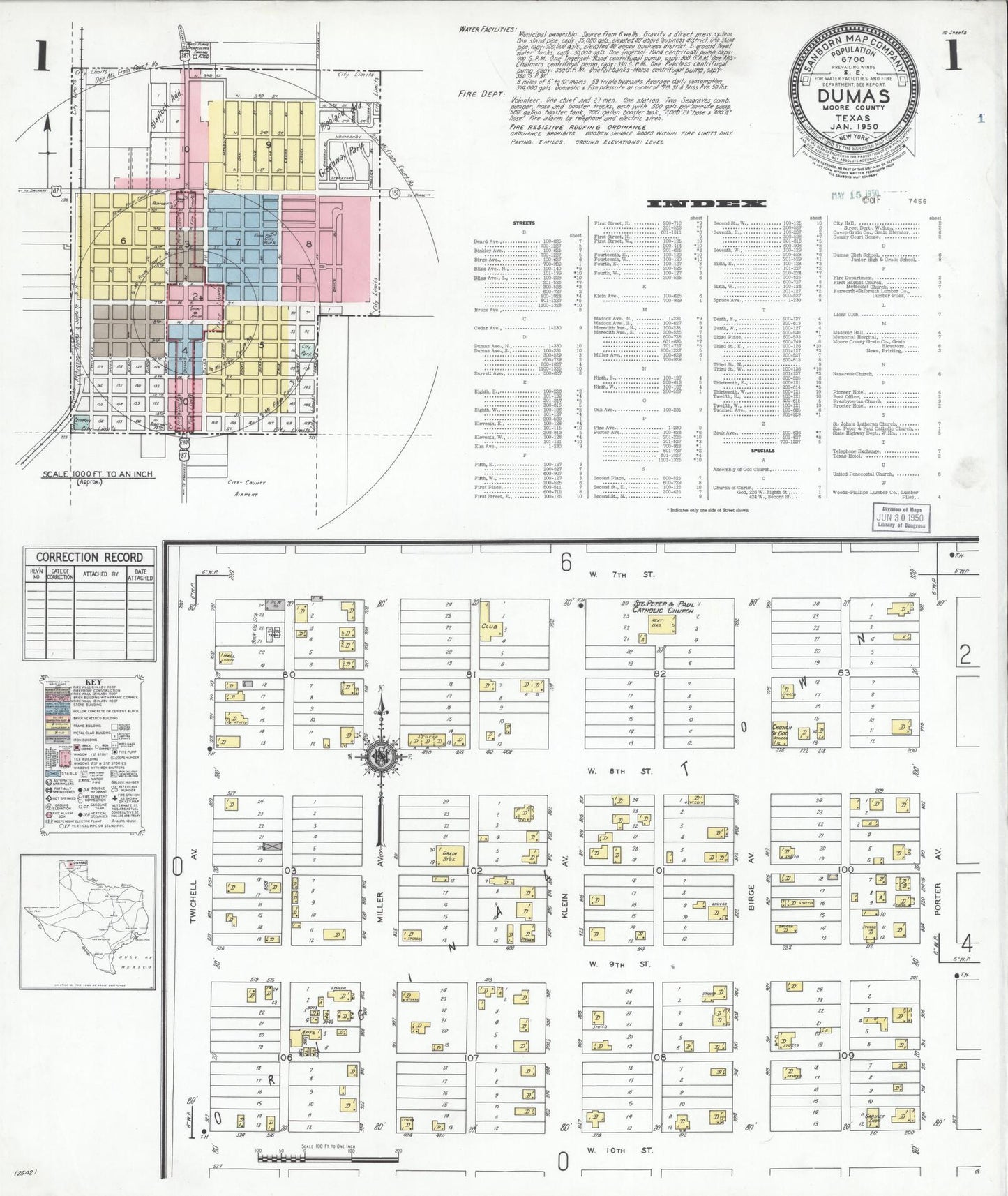Sanborn Fire Insurance Map from Dumas, Moore County, Texas (1950), Sheet #0001 - Complete Map Set gallery image, historic Sanborn map, vintage wall art, Texas Texas