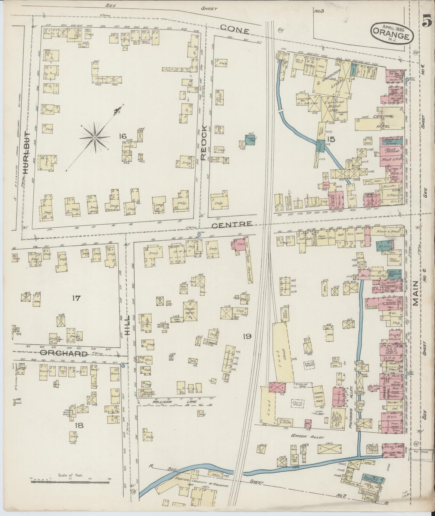 Sanborn Fire Insurance Map from Orange, Essex County, New Jersey (1885), Sheet #0005 - Historic Sanborn Fire Insurance Map Print, vintage old map wall art, antique decor, genealogy gift, New Jersey New Jersey map
